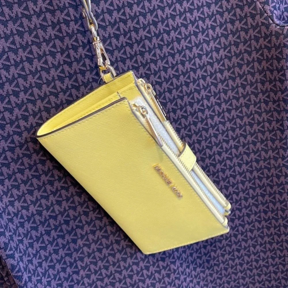 Michael Kors Jet Set Travel Large Double Zip Leather Wristlet Sunshine Yellow